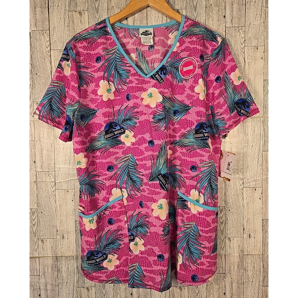 Jurassic World Scrub Top LARGE Womens V Neck Medical Dental Veterinarian NEW